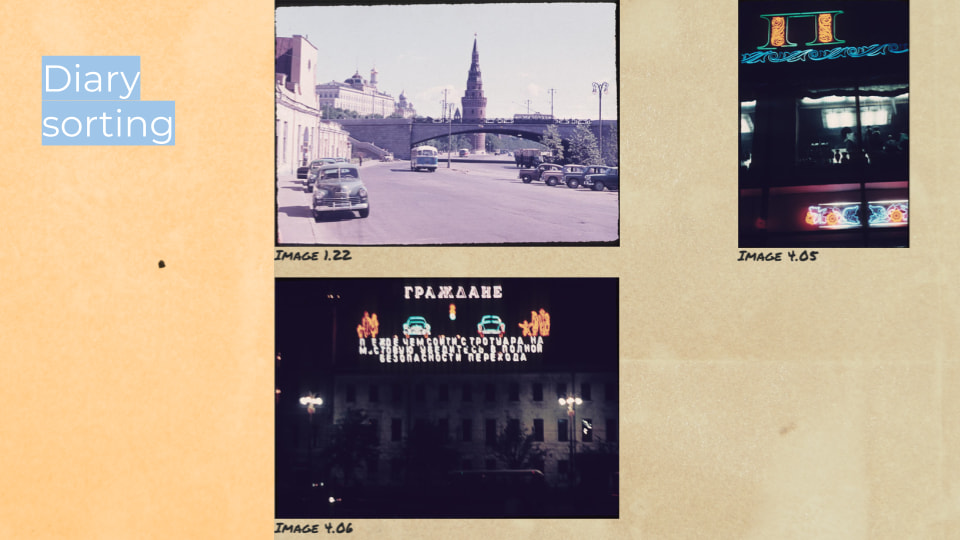 Tagebuchartige Darstellung von einzelnen Dias auf einem Papierhintergrund