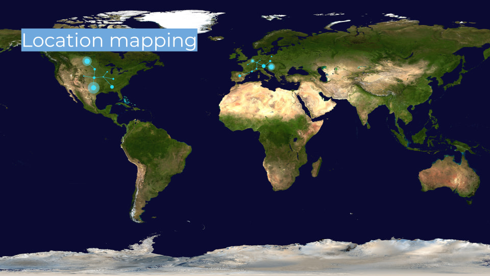 Weltkarte mit kleinen Punkten, die einzelne Dias mit deren Herkunft verbinden soll