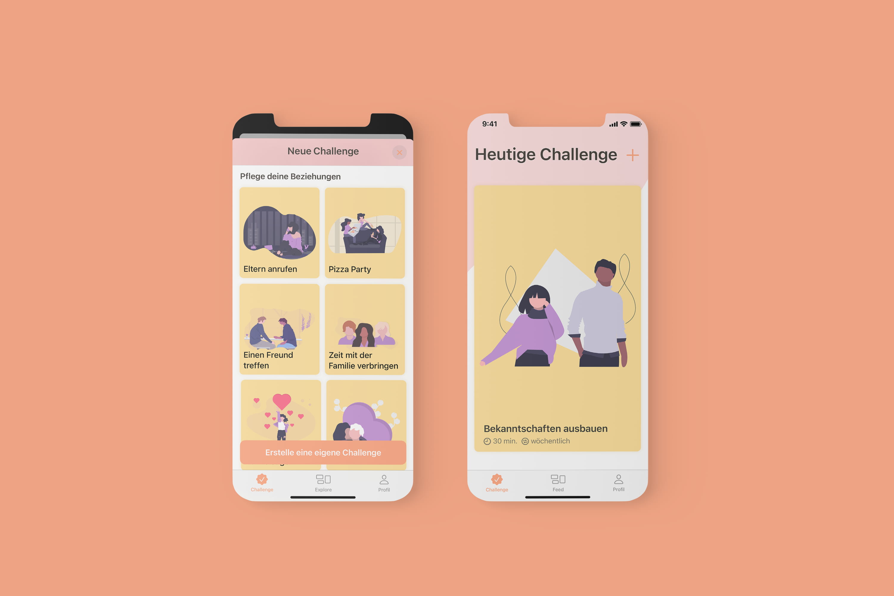 Mockup of two iPhones, displaying our App Screens